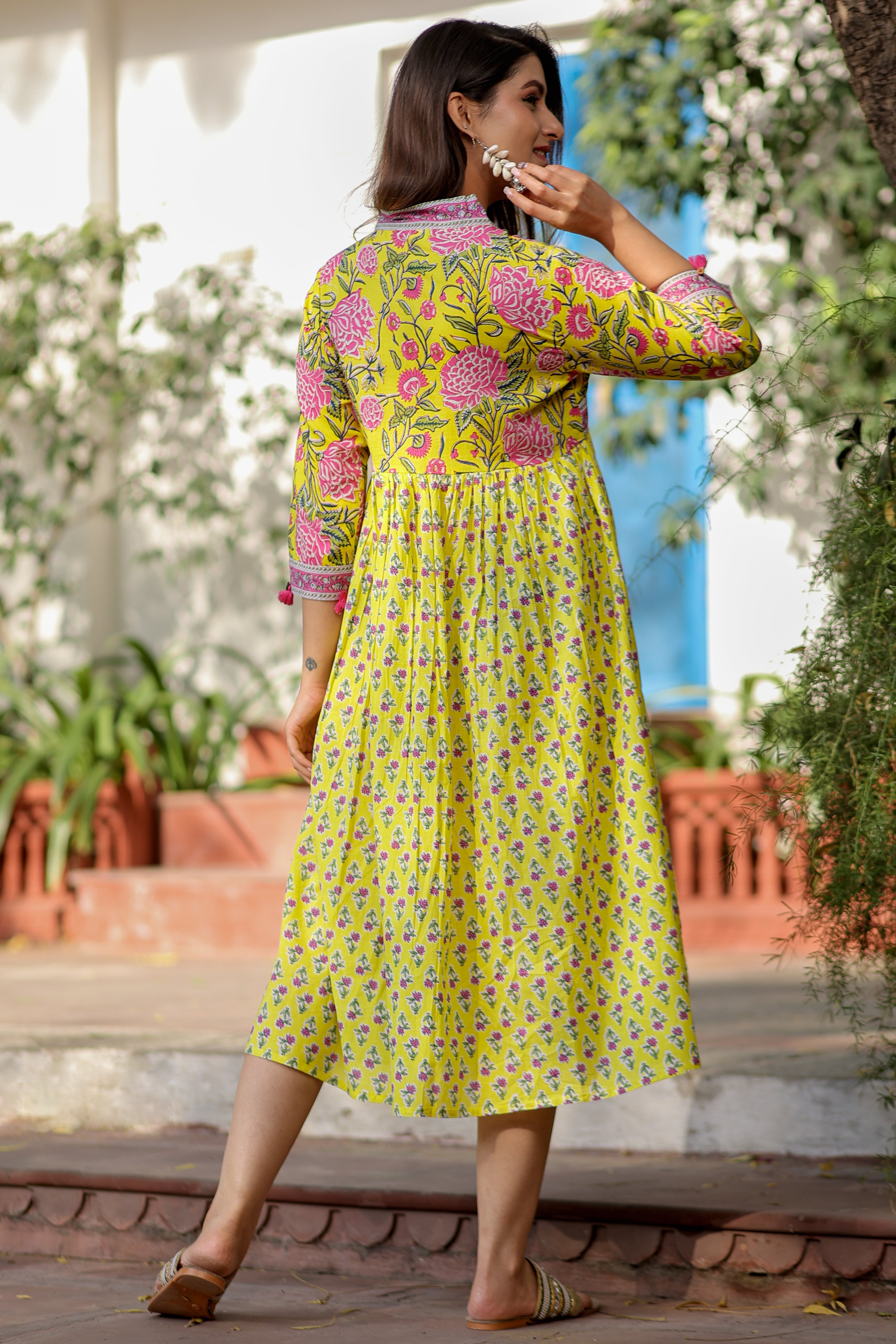 Lime Cotton Floral Printed Flared Dress